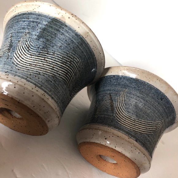 Apple Baker Dish Set of 2 Hand Thrown Pottery Signed MW Murray Blue Gray - Picture 3 of 6